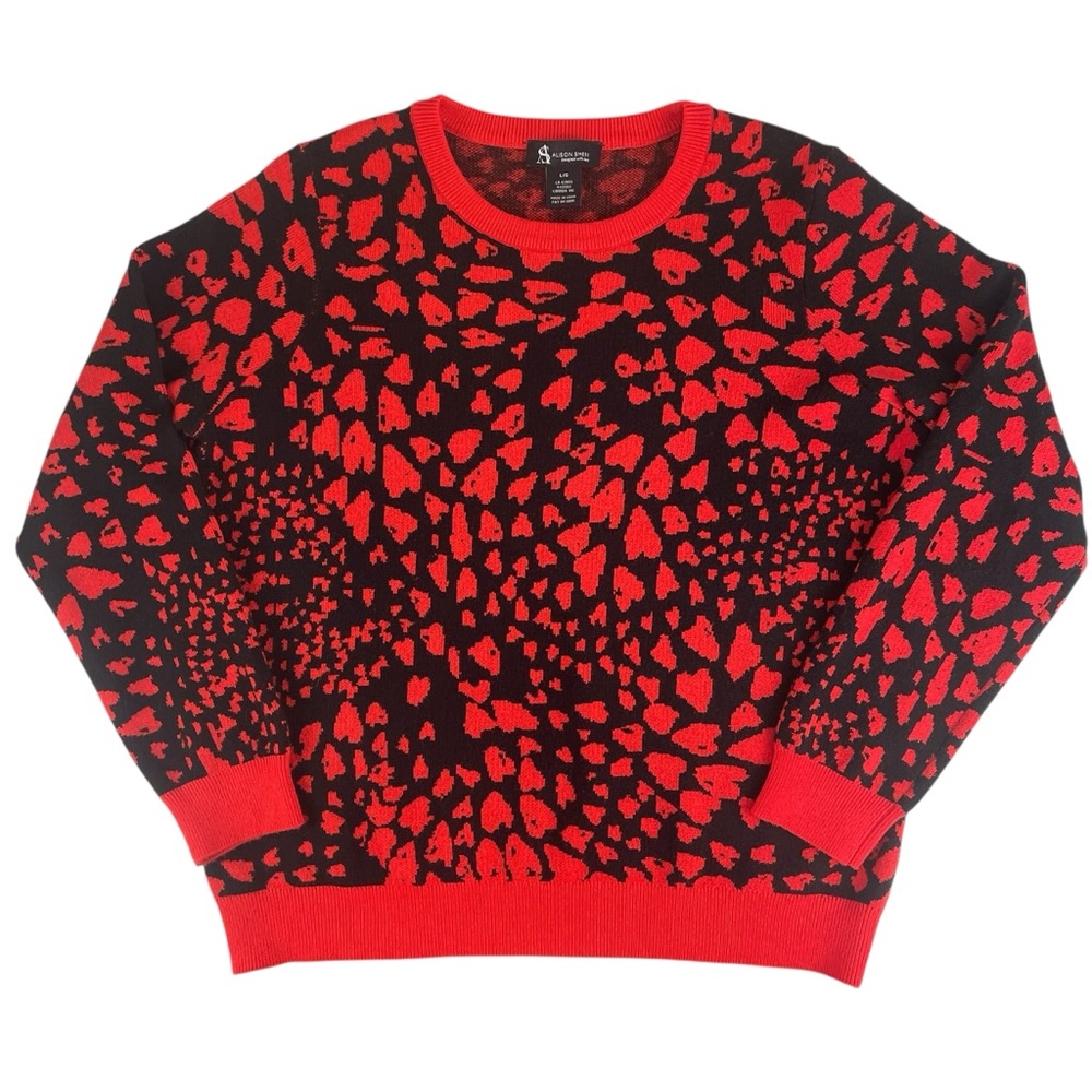 Alison Sheri Womens Black Red Abstract Heart Crew Neck Sweater Size Large